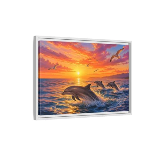 Tableau dauphins nature orange et bleu 60x40cm pour décoration salon