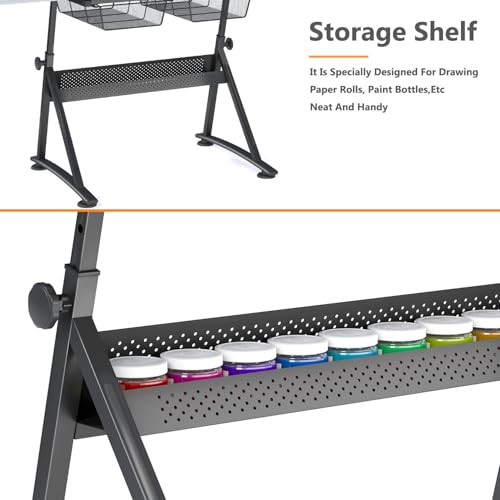 OS MOTOR Adjustable Height Drafting Table with Wood Top, Art Craft Desk with Slide-Out Drawers, Storage, for Drawing, Writing, Painting, and Creative Tasks, Ideal for Home Office, White