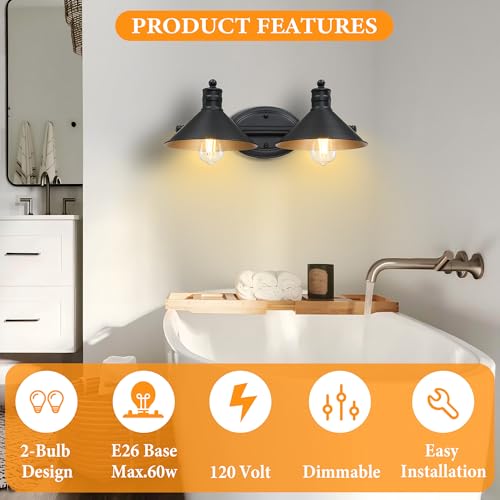 Image of 2 Light Bathroom Vanity Light Over Mirror - Black and Gold Farmhouse Wall Light for Bathroom Vanity Powder Room, Rustic Gooseneck Barn Style 2 Bulb Wall Sconce Over Kitchen Sink