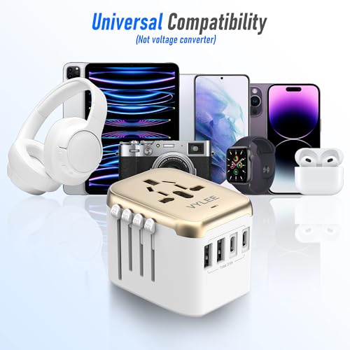 Image of VYLEE Universal International Power Travel Plug Adapter, 5 in 1 European Travel Plug Adapter W / 3.5A 2xUSB-A and 2xUSB C Wall Charger and Worldwide AC Outlet for Europe USA UK AUS Asia (White Gold)