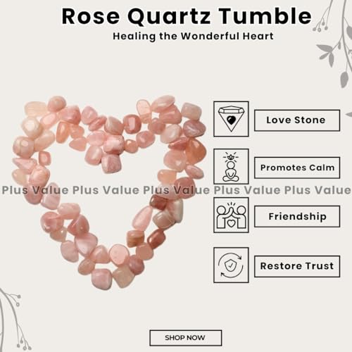 Image of Plus Value Natural Rose Quartz Tumbled Stone Pebbles Heart Chakra Healing, Reiki Crystal Therapy, Vastu, Love, Relationship, Marriage Items Showpiece Home Decor Bedroom Couples (200 Grams, Brazil)