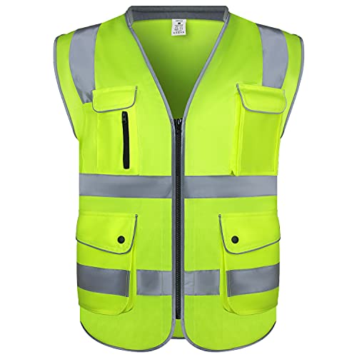 amoolo Safety Vest with 9 Pockets, Zipper and Padded Neck, High Visibility Reflective Vest, ANSI ISEA Type R Class 2 , Yellow, L