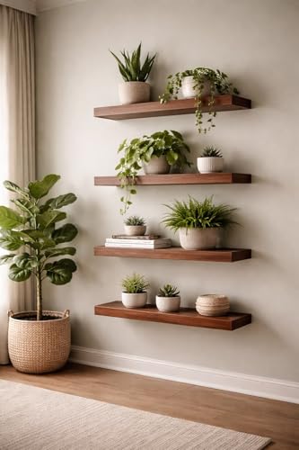 Image of Solid Wood Floating Wall Shelves Set of | Rustic Wooden Display Shelves for Living Room, Bedroom, Kitchen & Bathroom | Heavy Duty Wall Mounted Shelves (20 inches, 4 Shelves)