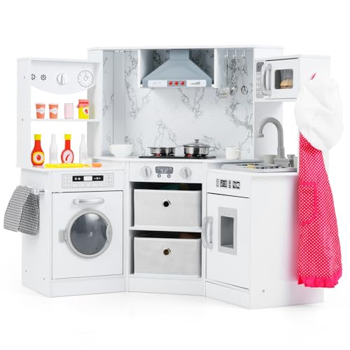 GOPLUS Cocina de Juguete de Esquina, Cocinita Infantil con Luces y Sonidos, Sistema de Circulación de Agua, Lavadora y Accesorios, Cocinita de Madera con Almacenamiento para Niños de 3+ (Blanco)