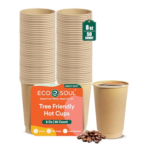 ECO SOUL 8 Oz Disposable Bagasse Paper Coffee Cups Without Lids (50 Pack)