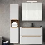 Lomadox Badezimmermöbel Set mit 80cm Waschtisch & LED-Spiegelschrank, Hochschrank, Hochglanz weiß mit Trüffel-Buche, B/H/T ca. 120/200/46 cm