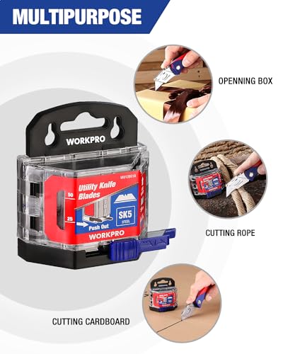 image for WORKPRO 50-Pack Utility Knife Blades with Dispenser, SK5 Steel Box Cut