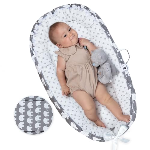 Image of Baby Lounger - Organic Cotton Soft Touch Comfort Infant Lounger - Portable Reversible Washable Infant Floor Seat – Adjustable Baby Nest - Baby Lounger for Newborn - Elephant Stars Print