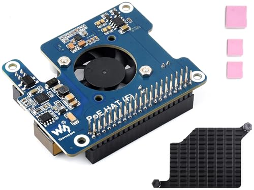 Waveshare POE HAT Board for Raspberry Pi 5, Power Over Ethernet HAT(POE) with Onboard Cooling Fan and Metal Heatsink, Supports 802.3af/at Network Standard,12V and 5V Power Outputs