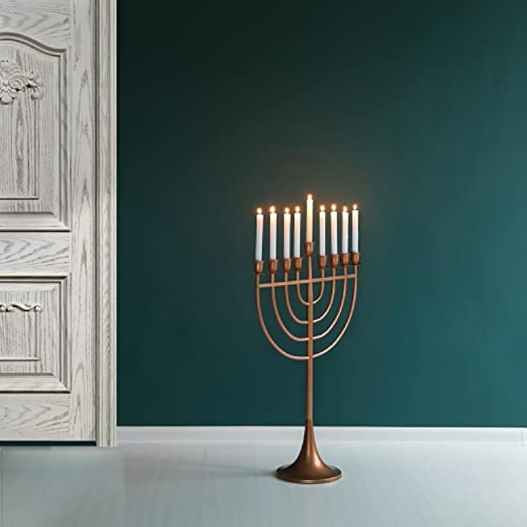 Modern Solid Metal Judaica Hanukkah Menorah 9 Branched Candelabra, Copper Medium