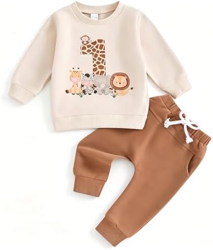 Asmea 1.Geburtstag Junge Geschenk Outfit,Baby Kleidung 6-18 Monate | 1st Boy Birthday Babykleidung,Mein Erster 1 Jahr Wild Tier Sweatshirt Und Hosen 2 Anzug,Herbst T-Shirt Für Part