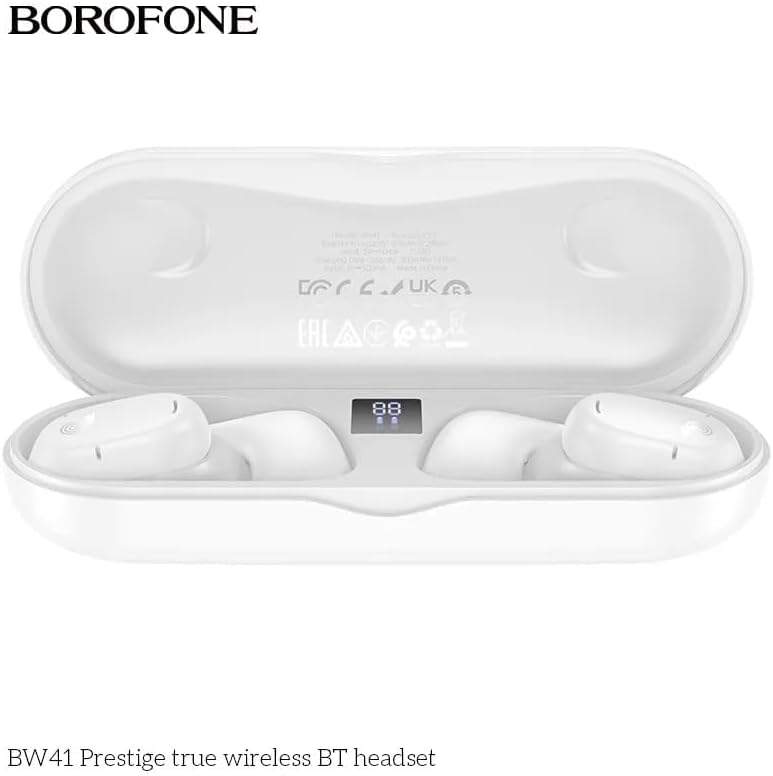 BOROFONE BW41 charging case with earbuds, displaying the LED battery indicator.