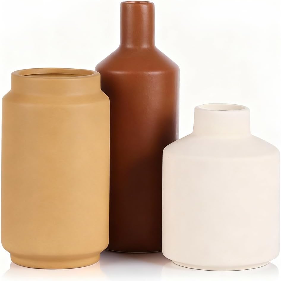 Ceramic Vase Set of 3 – Modern Decorative Vases in Matte White, Yellow & Brown, Small Flower Pottery Vase Sets, Boho Farmhouse Rustic Vases for Living Room, Kitchen, Bedroom, Bathroom, Shelf, Table