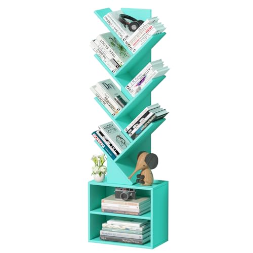 SHEEPAM 10 Tier Tree Bookshelf,Floor Standing Wood Tall Bookcase for Narrow Space, Storage Organizer Bookshelves for Books, Book Case for CDs/Movies/Books,Home Office,Living Room, Bedroom