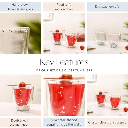 Image of Nestasia Set of 2 Double Wall Tumblers (225ml) | Silver Star Sequin Design, Dishwasher-Safe, Lead-Free Glassware | Ideal for Juices, Cocktails, and Desserts