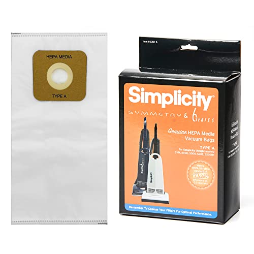 Simplicity SAH-6 Certified Hepa Vacuum Replacement Bags, Fits with S20EZM Allergy Upright Vacuum Cleaner, Symmetry and 6 Series, Type A Bags, 6-pack Set