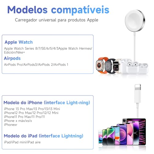 Cabo Carregador Magnético Tipo-C para Relógios SmartWatch + Cabo Light-ning Porto Compatível com App