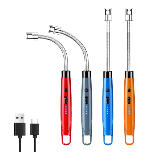 Candle Lighter Electric USB Rechargeable Plasma Arc Lighter with 360° Flexible Neck,LED Power Display,Safety Lock,Windproof Flameless,Long Arc Lighters Matches,4 Pack(HB-088B-4Pcs)