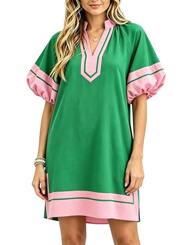 Image of Esmeling Women's Color Block Pullover Dress V-Neck Puff Sleeve Dress Mini Shirt Dress with Pockets