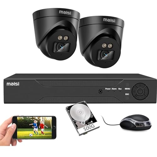 MAISI 3K CCTV Security Camera System, 4CH DVR 2x 5MP Dome Cameras, Night Vision, Easy Mobile View, App Push Notification, Waterproof, 500GB Hard Drive