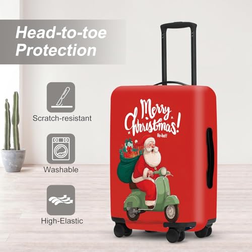 Image of Santa on Scooter Luggage Cover - Riding Green Scooter with Gifts, Whimsical Modern Holiday Design for 32 34 Inch Travel