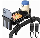 Stroller Snack Tray Universal,3 in 1 Stable Anti-Slip Stroller Cup Holder Attachment,Flexible Phone Holder with 2 Hook,360° Rotation Stroller Travel Accessories for Walker, Wheelchair,Bike, Scooter