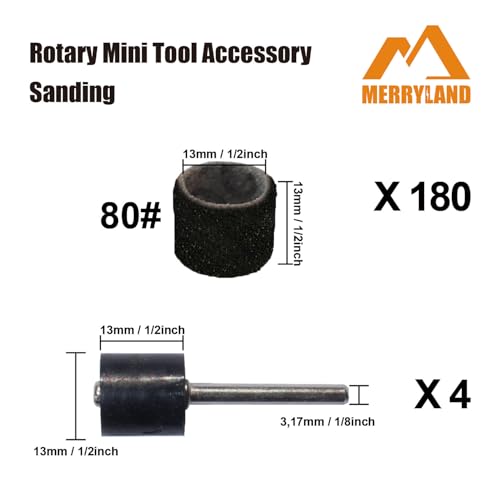 Merryland Schleifhülse für Dremel 184 Stück, Schleifband 80# 13 X 13 mm 180 Stück und Schleifwalze 4 Stück, SchleifenBand für Maniküre Pediküre, Mini Drehwerkzeug Zubehör Elektrowerkzeuge, RMTA184C1