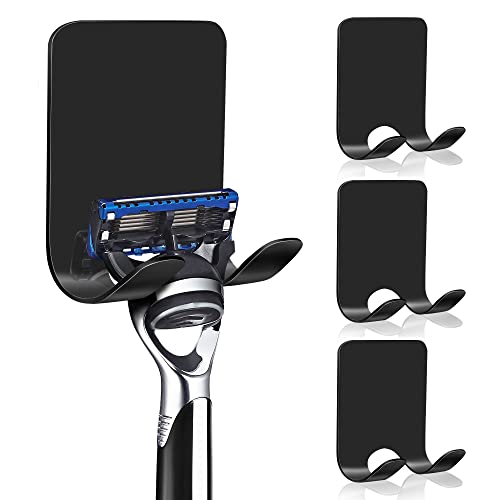 KOFANI Razor Holder for Shower Wall - Heavy Duty Stainless Steel, Waterproof Adhesive for Bathroom Kitchen - Hang Shaver, Loofah, Towel, Plug (Black, 4 Pack)