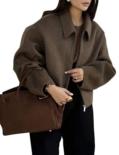 Zucige Cropped-Wolljacke für Damen, einfarbig, Reißverschluss, kurz, Erbsenmantel, Herbst, Winter, trendige Tweed-Jacken 2025, Braun, L