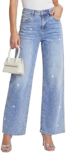 Kedera Straight Leg Jeans Rhinestone High Waisted Pearl Boyfried ...