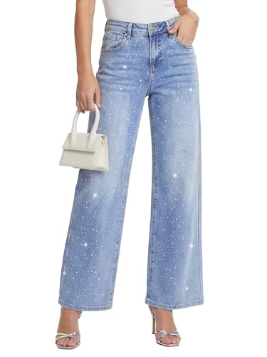 Kedera High Waisted Rhinestone Jeans for Women Wide Leg Baggy Sparkly Bedazzled Denim Pants Trendy Bling Jeans