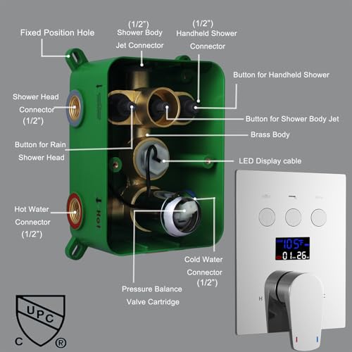 Sistema de ducha con mezcladora y pantalla digital de temperatura WHSHOWER con 6 jets corporales, cabezal cuadrado de 12 pulgadas, acabado cromado miniatura 6
