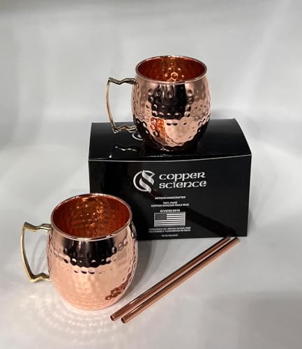 Copper Science Moscow Mule Mugs Set of 2 | 100% Pure Handcrafted Copper Cups with Cocktail Straws | Ideal for Home Bar, Cocktail Gifts & Beer Mugs