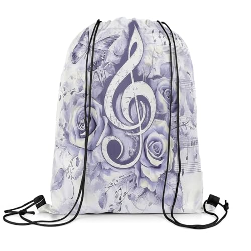 jejeloiu Music Drawstring Backpack 13x15.7inch Purple Music Notes Floral Gym String Bag Romantic Butterfly Decor Sports Drawstring Sackpack
