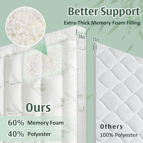 DOWNCOOL 3 Inch Memory Foam Mattress Topper Queen – Cooling Pillow Top Mattress Topper for Back Pain Relief, with Bamboo Viscose Air Layer, 1700 GSM Fill, Deep Pocket Fits 8–21 Inch