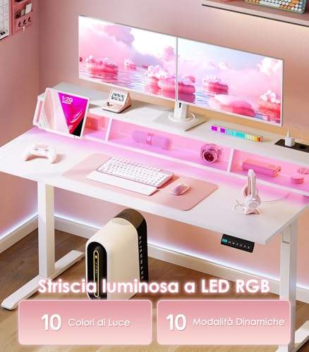 Offigo Scrivania Gaming, 140Cm Scrivania Regolabile Con Led Rgb E Prese, Elettrica Standing Desk Con 3 Cassetti Aperti, Tavolo Con Porta Bicchiere E Ganci Per Cuffie, Fibra Di Carbonio, Bianca - 5
