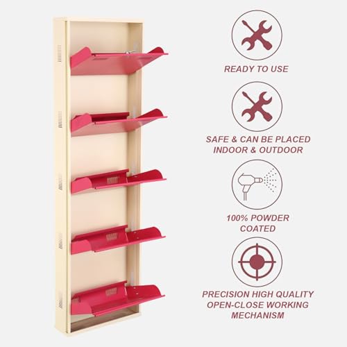 Image of Metal Shoe Rack Wall Mounted for Home with Central Locking 5 Door 20 inch Wall Mounted Metal 10 Pair Shoe Rack Cabinet Pre-Assembled Rack Shelves 3 Year Warranty (Pink & Ivory)