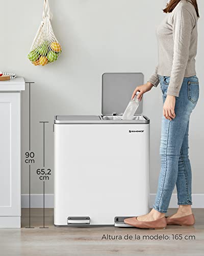 SONGMICS Cubo de Basura, 2 x 30 L, 2 Cubos, Reciclaje, Pedal de Metal, 15 Bolsas de Basura, Cubos Interiores de Plástico y Asas, Tapa con Bisagras, Cierre Suave, Hermético, Blanco y Gris LTB60WT