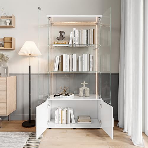 CDQL Vitrina de cristal 78,51 x 35 x 164 cm con vitrina y tira LED, 3 estantes, vitrina con cerradura, armario alto para coleccionables, libros y vino, muebles de salón y oficina, color blanco