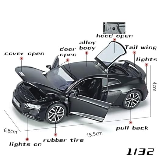 Image of Invite Enterprise 1:32 Audii R8 Sport Diecast Metal Pull Back Car with 6 Openable Doors with Sound and Light Toy Decoration car Best Gift Toys for Kids 【Color As Per Stock】
