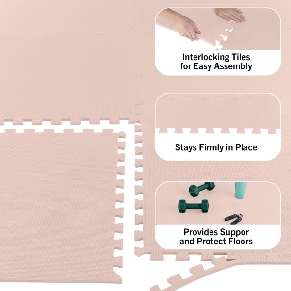 Image of Foam Floor Tiles - 24sqft Soft Nontoxic Baby Play Mat - Interlocking Puzzle Mat for Baby, Kids Playroom, or Home Gym Flooring by Stalwart (Light Pink)