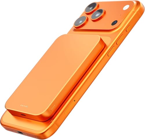 Kstime Magnetische Powerbank 10000 mAh 14 mm ultradünnes Titan-Design PD20W kabelloses tragbares Ladegerät mit USB-C-Eingang und Ausgang kompatibel mit iPhone 17/16/15/14/13/12 Serie (Orange)