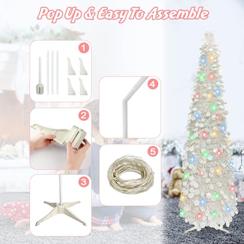 Pop-Up-Christmas-Tree-5FT-Collapsible-Artificial-Christmas-Tree-with-90-LED-Lights-Tinsel-Small-Pencil-Christmas-Tree-for-Home-Holiday-Fireplace-Party-Indoor-Outdoor-Xmas-Decorations-White Pop Up Christmas Tree 5FT Collapsible Artificial Christmas Tree with 90 LED Lights Tinsel Small Pencil Christmas Tree for Home Holiday Fireplace Party Indoor Outdoor Xmas Decorations White