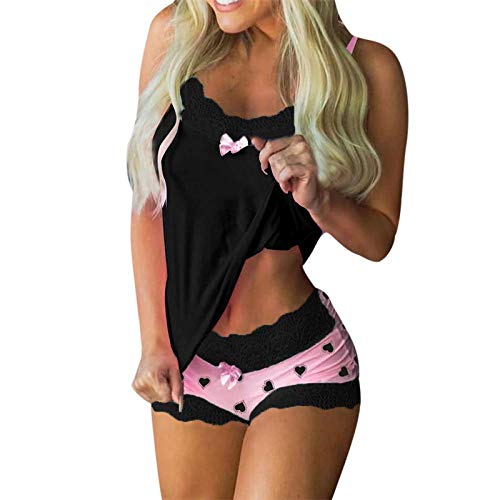 LIMILI Juego de pijama de encaje con correa sin mangas, con lazo y cortos, conjunto de pijamas de encaje, ropa de dormir para mujer, ropa de dormir sexy, 3_XL, 3, XL