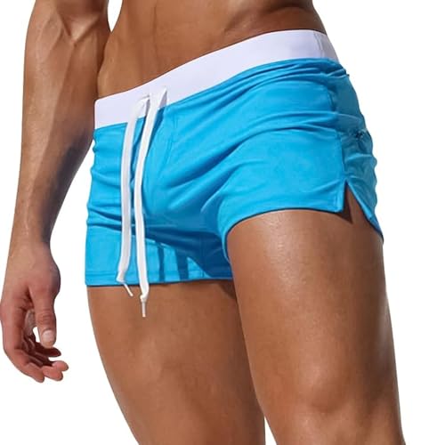 Solid Low Rise Drawstring Men's Swim Trunks - High Stretch Slim Fit Beach Shorts with Back Zipper Pockets