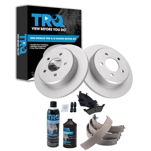 Image of TRQ Rear Brake Pad & Rotor Kit, with Chemical Kit Parking Brake Shoe Set Semi-Metallic Compatible with 2001-2007 Chrysler Town & Country Dodge Caravan Grand Caravan
