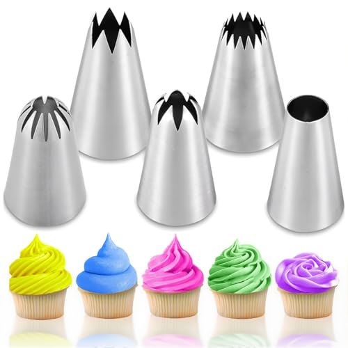 Set di 5 Beccucci per Sac a Poche Grandi Professionali, Beccucci Grandi, Decorazione Torte Set, Bocchette Decorative Accessori per Cupcakes, Pasta di Zucchero, Pasticceria, Acciaio