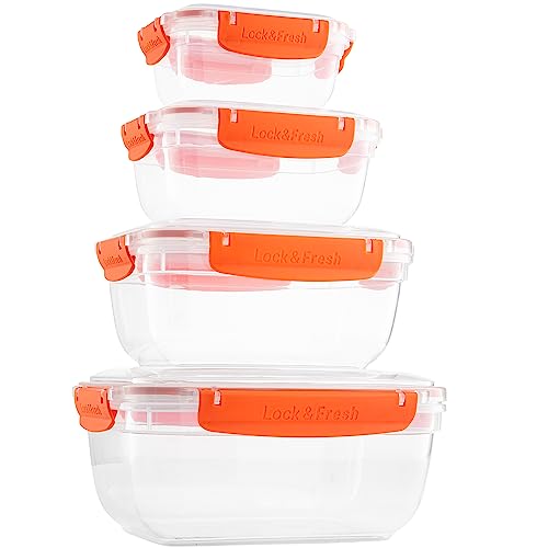 Image of Superio Plastic Airtight Food Storage Containers, Set of 4 Sealed Clear Container Bowls with Lids, BPA Free, Rectangular, Orange