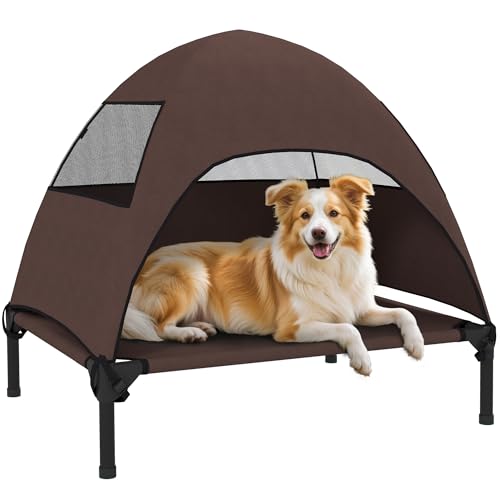 PawHut Hundeliege Outdoor mit Dach, Erhöhtes Hundebett für Mittelgroße Hunde, Kühlendes Haustierliege mit Waschbares Mesh Stahlrahmen Tragtasche, Haustierbett für Draußen Camping 76x61x71cm, Kaffee