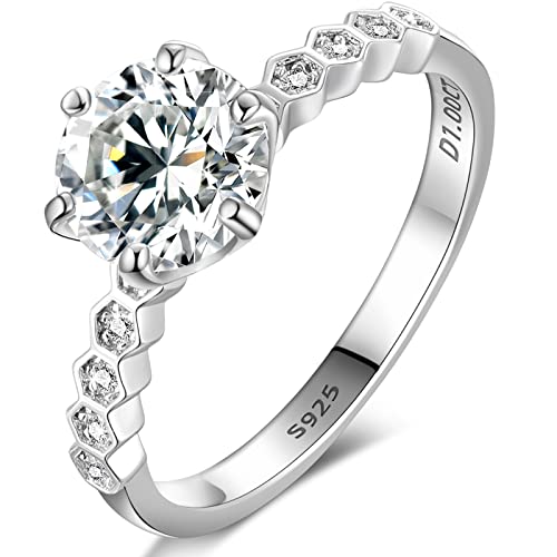Moissanite Rings for Women, 0.5CT-2.0CT Lab Created Diamond Ring 18K White Gold Plated 925 Sterling Silver Rings Halo Moissanite Engagement Band Wedding Anniversary Eternity Promise Stacking Ring for Mom Wife Girlfriend with GRA Certificate of Authenticity